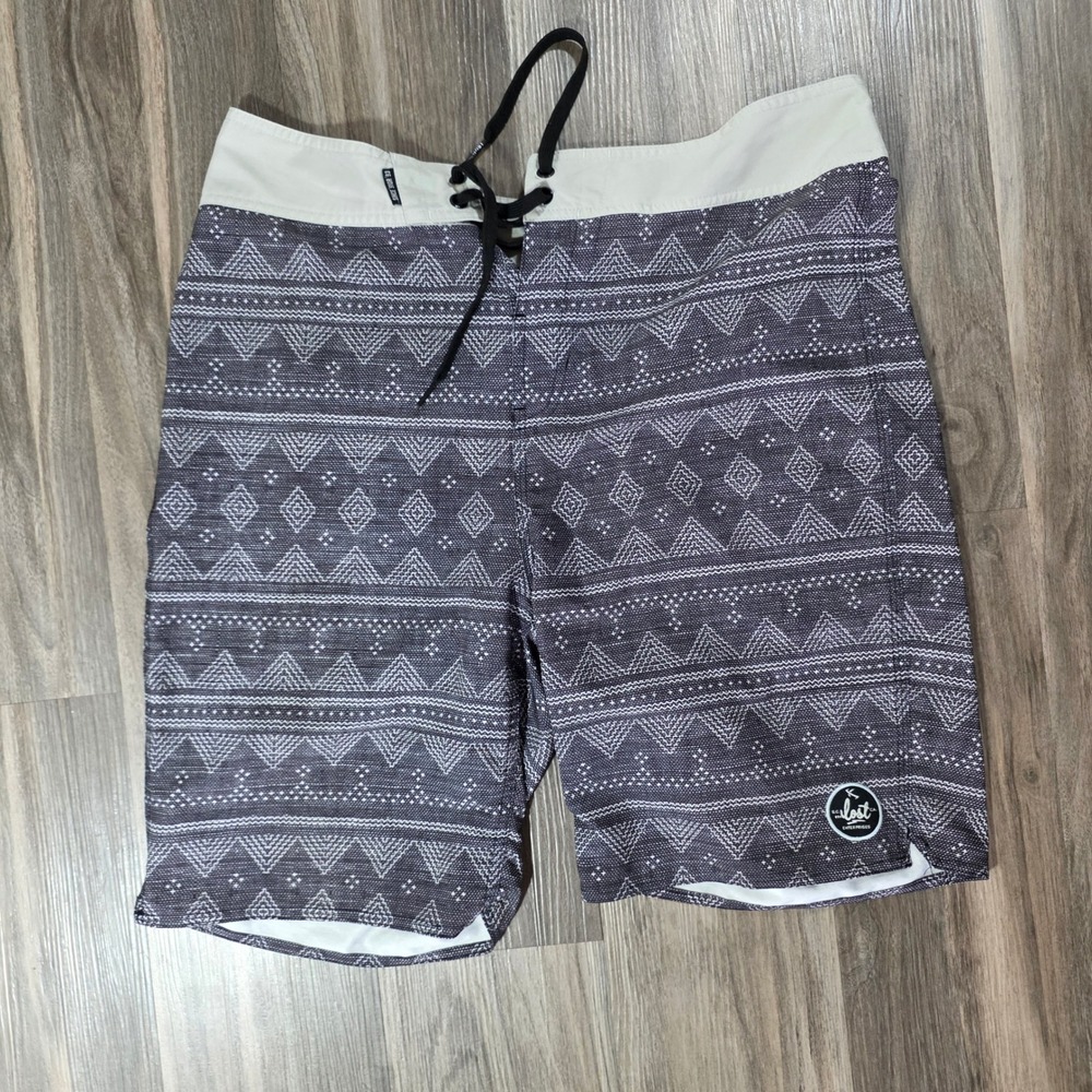 Lost Enterprises Mens Grey Geometric Tribal Board Shorts Swim Trunks Size 34